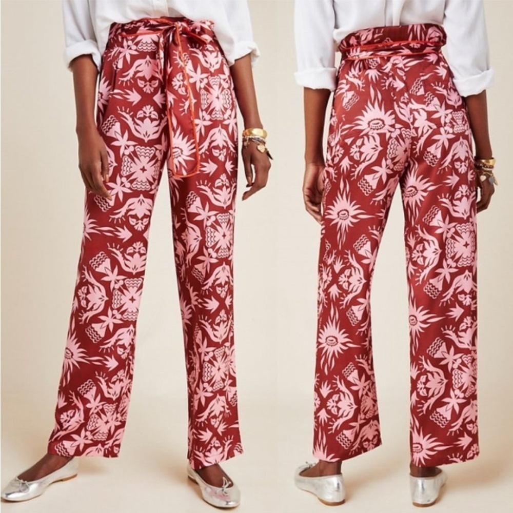 Anthropologie Wide-Leg Paperbag Pants in Rust and Pale Pink Floral